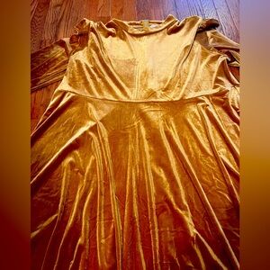 Ivy City Co gold velvet maxi dress with shoulder ruffle detail